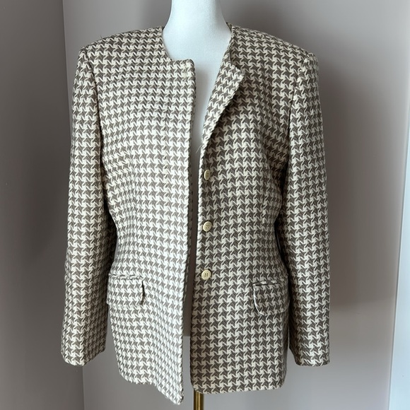 Vintage Prophecy cream taupe houndstooth long sleeve blazer jacket - Picture 5 of 14